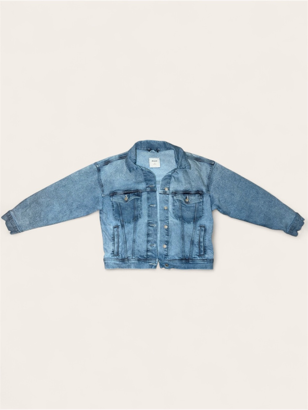 Hollister Faded Women’s Blue Oversized Denim Jacket with Bow Embroidery Size S
